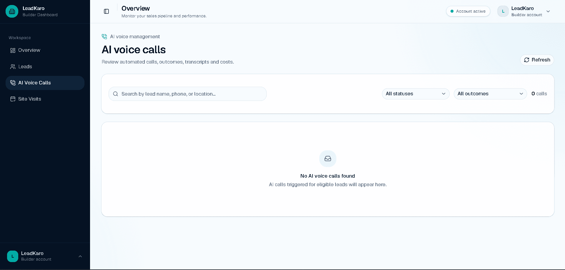 LeadKaro real estate AI voice-call management dashboard